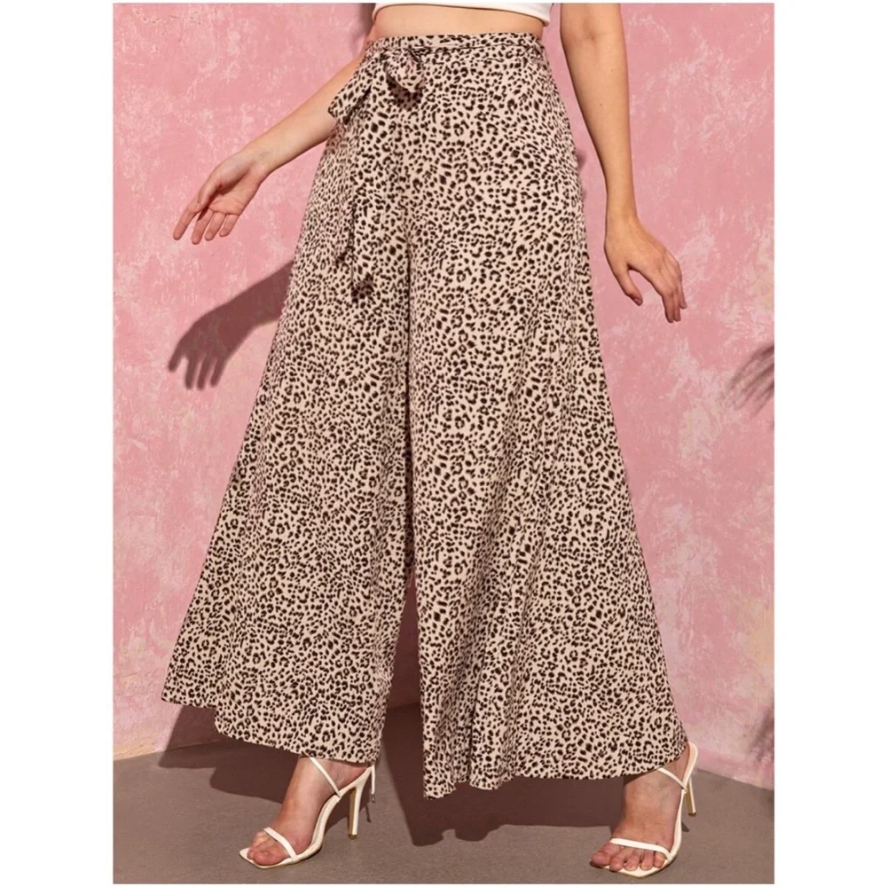 Plus Khaki tan Leopard Print Wide Leg Palazzo Pants - Picture 3 of 6